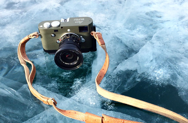 The Leica M-P 240 Safari with Leica 16-18-21mm Tri-Elmar f/4.0 lens. The strap on the camera is Luigi's Custom Ostrich Leather and usuall comes with a half-case as well. The above photo is from the article "Traveling through ice landscapes with the Leica M-P 240" 