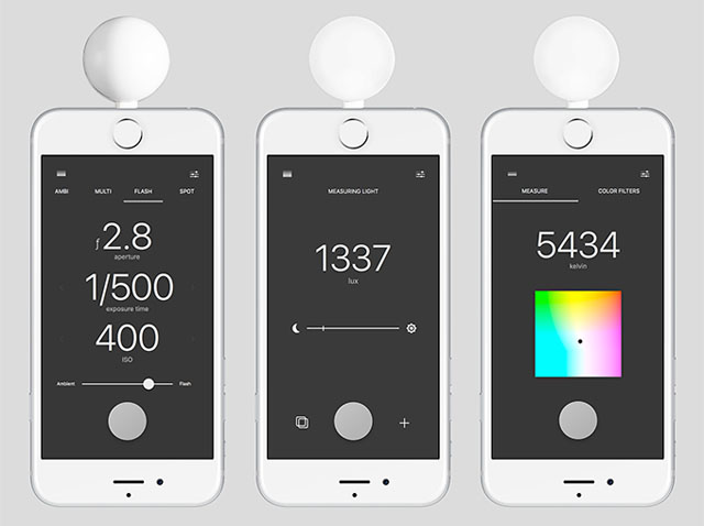 The LUMU color meter ($249 at Amazon) for the iPhone acts as both light meter (left) and color meter (right). It can also be used to measure indoor light (center).