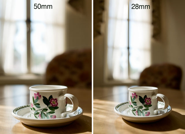 Perspective distortion: Comparing these two photographs you can see how the cup stretches in the 28mm wide angle photograph compared to the 50mm photograph. Both actually has a little stretch because both the cup is in the edge of the frame in both photographs. © 2017 Thorsten Overgaard. 