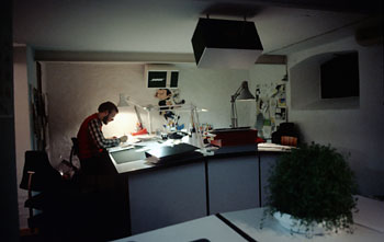 The basement was a comic drawing room "Hjelm Påbudt" (Wear a Helmet) from 1980. Here is Lars working.