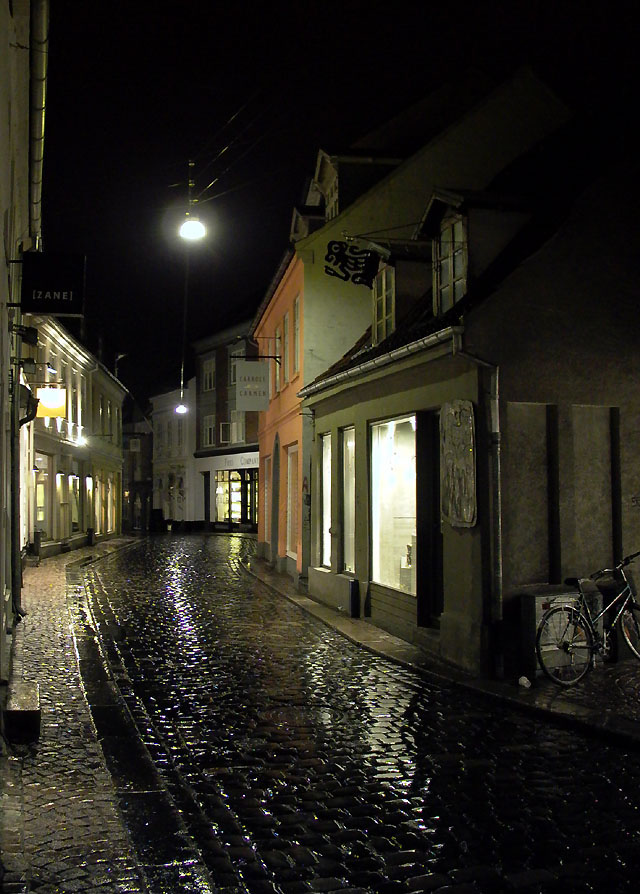 Rainy street in Århus, January 2004. Leica Digilux 1, P mode, handheld. The file from the camera here.