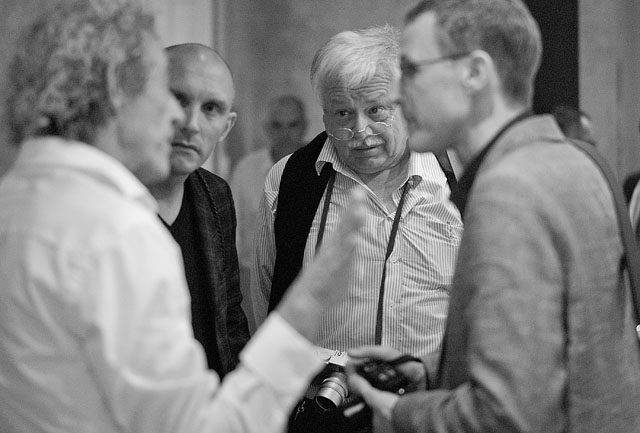 Familiar faces talking about the Leica M in Berlin; Jonathan Slack, Steve Huff, Jaap of the Leica User Forum and Matthias Frei. Leica M Monochrom and Leica 50mm Summilux-M ASPH f/1.4 at 5000 ISO.