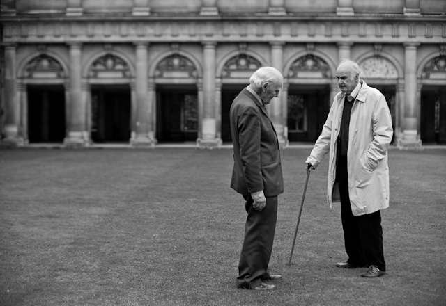 Two fellows of Cambridge University on the lawn of the university courtyard where only fellows can walk. Leica M Monochrom (2012) with Leica 50mm Noctilux-M f/1.0 (1994). © Thorsten Overgaard. 320 ISO.