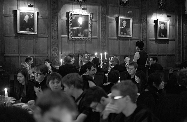 The high table in the dining hall in the background, supposedly with the Dean of the university in the middle and the previous Deans on the walls. Leica M Monochrom with Leica 50mm Noctilux-M f/1.0
