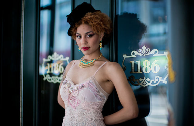 Joy Villa on Broadway, New York, June 2013. Leica M 240 with Leica 50mm Noctilux-M ASPH f/0.95. Dress by Kokholm, Denmark, jewelry by Tiklari, New York. © 2013-2016 Thorsten Overgaard. 