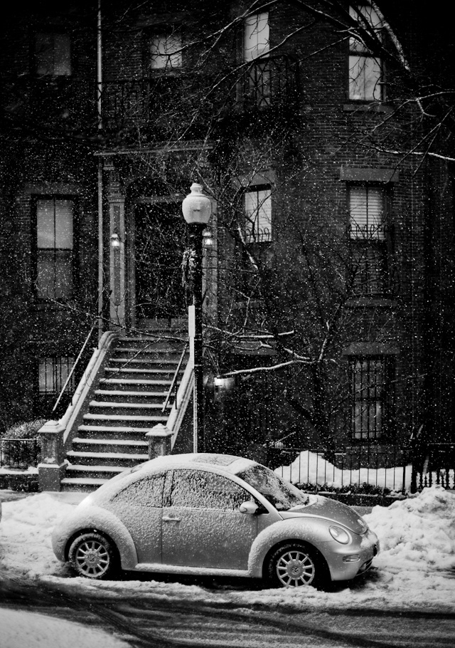 "Home, Sweet Home" - I was waiting for someone to walk into my composition (in the below photo) when I turned left and saw this house with the VW in front. I had been walking for two hours in wet snow and my face, hair, glasses, camera and viewfinder were so wet I could hardly focus. I shot two frames of this and then turned back and shot the next pictures below.