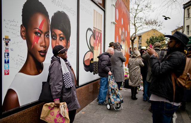 By some sort of coincidence, next to the mural was two billboards for Iman Cosmetics that she founded in 1994 to fulfill the need for makeup suited for darker skin. Bowie and Iman next to each other. Somebody had painted Bowie makeup on the models' faces which made for another selfie opportunity. Leica M 240 with Leica 28mm Summilux-M ASPH f/1.4. © 2016 Thorsten Overgaard.