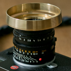 Brass E46 ventilated shade on Leica 35mm Summilux f/1.4 AA