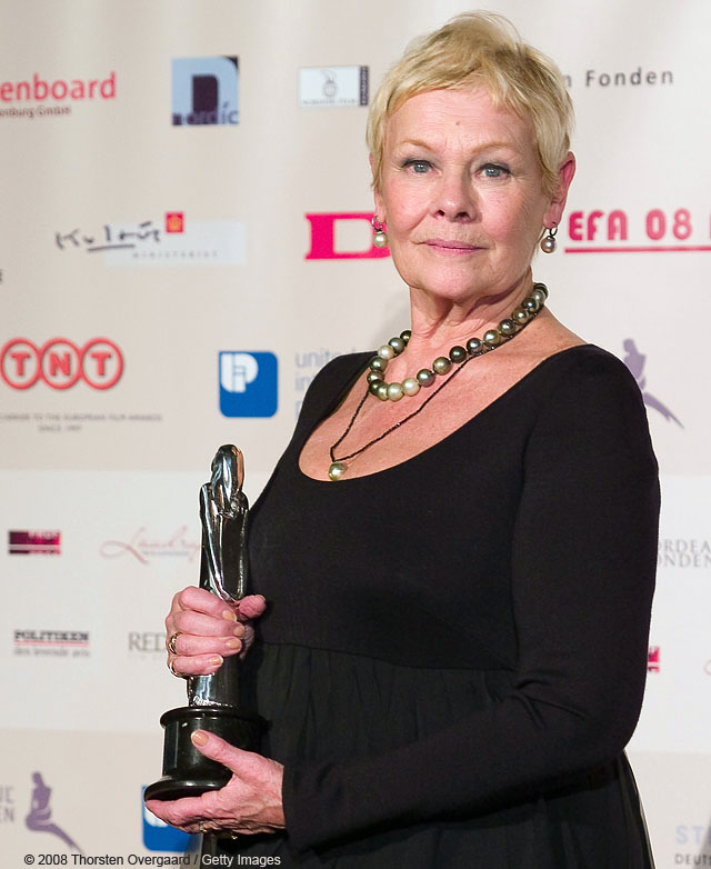 British actress Judi Dench receives an honorary LIFETIME ACHIEVEMENT AWARD at European Film Awards at Forum on December 6, 2008 in Copenhagen, Denmark  (Photo by Thorsten Overgaard/Getty Images)British actress Judi Dench receives an honorary LIFETIME ACHIEVEMENT AWARD at European Film Awards at Forum on December 6, 2008 in Copenhagen, Denmark  (Photo by Thorsten Overgaard/Getty Images)