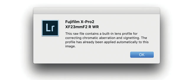 SDC (Software Distortion Correction): In Lightroom the correction profile for the Fujinon 23mm is applied automatically and cannot be turned off. If you go into Develop mode in Lightroom and look under Lens Correction > Profile, you will see a message in the bottom with an exclamation mark. When you click on that, you get the message above.