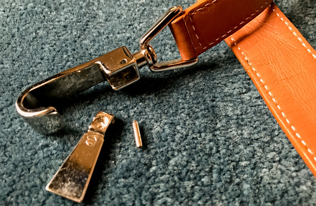 Another bag beats the dust. My Goyard Ambassade shoulder strap is well made, except the metal fittings where the small metal parts can go loose. In this case the small cylinder that holds the locking mechanism. I was happy to see that Goyard changed this when they returned the strap after they repaired it for free: