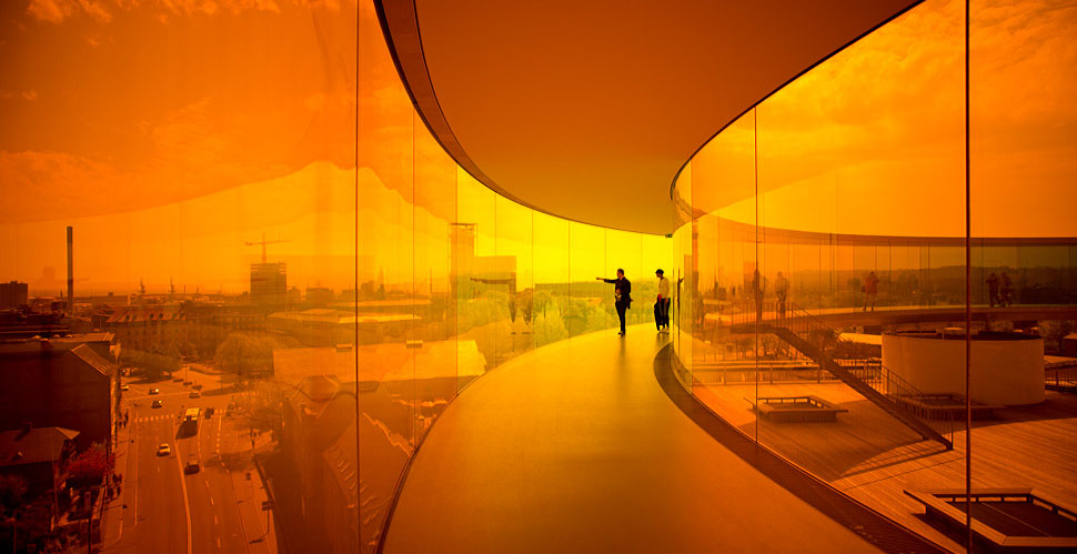 My photogarph from inside the"Your Rainbow Panorama" sculpture by Olafur Eliasson on top of the ARoS International Art Museum in Aarhus, Denmark (it's actually a big ring added on top of the building that one can walk inside; and the glass walls change in the colors of the rainbow as you walk through).  Leica M Type 240 with Leica 21mm Summilux-M ASPH f/1.4.  © 2013-2015 Thorsten Overgaard.