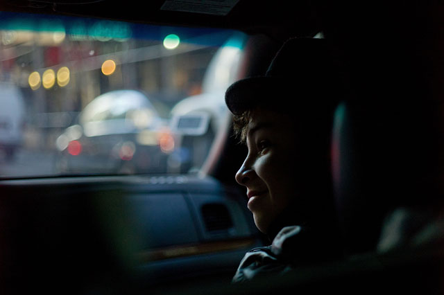 My son Oliver in the Taxi from the airport to our apartment in Manhattan.