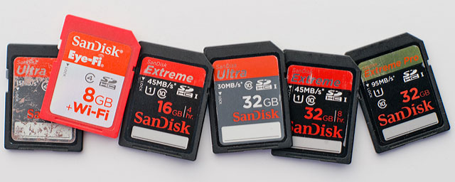From left the non-SDHC 2 GB 15MB/sec card for the Leica Digilux 2 and DMR (digital back for R9). The wireless Eye-Fi card (orange) that will work in the Leica M 240. And then the four cards to the right will all work fine in the Leica M 240 ... But the 95/MB sec card to the right (gold green) is the one I would recommend, but as 64GB (which has twice as fast startup-time for the Leica M 240 as the 32GB).