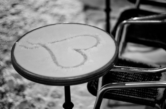 heart in the snow A love note left in the snow on the empty café table outside. 3200 ISO. Leica 50mm Noctilux-M ASPH f/0.95. © Thorsten Overgaard.