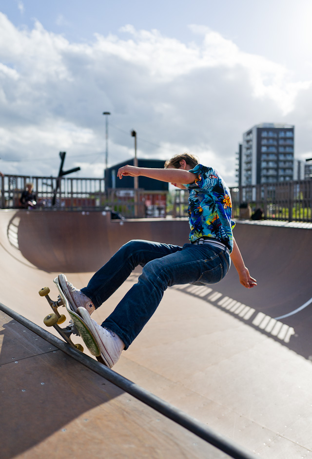 Skaterboy at Godsbanen in Aarhus, Denmark. Here I pre-focused on where his feet are and waited for someone to "jump into the picture." Leica Q. 
