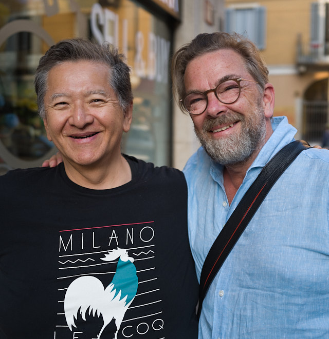 Ryuichi Watanabe and Thorsten Overgaard in front he the New Old Camera store in Milano. Leica Q3.