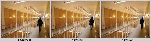 A series of pictures, three in a row. Three different images; one blurred to the left, one sharp to the right. Now you got something to choose from and the guy is not going to do the walk again! 