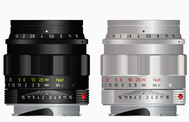 An example of standard engravings and use of colors. The Leica 50mm Summilux-M ASPH f/1.4 LHSA limited edition lens (this is a lens that was made in the 1959-design but with the 2004-design of the glass inside). On black lenses the feet are given in orange or red, on chrome lenses the feet are given in red (or orange). It has been claimed that the color indicates if it is a brass lens, but that is not the case according to the lens designers I have spoken to. There has never been a system like that for Leica lenses. LHSA is short for Leica Historical Society of America.