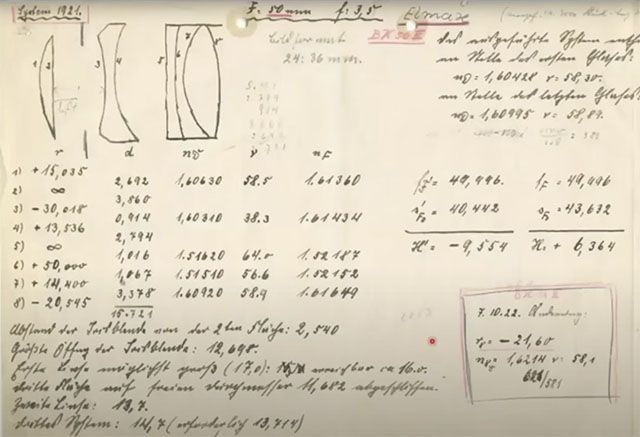 The 1921-1922 page of Max Berek's notebook where he designed the first Leica lens, the Leitz Elmax 50mm f/3.5. (Photo courtesy of Peter Karbe).