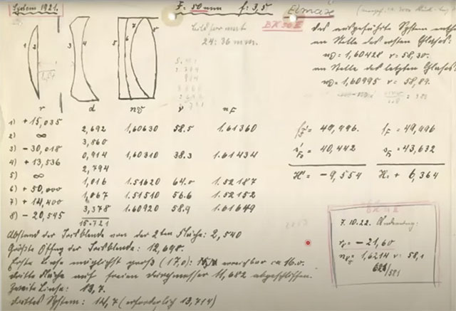 Max Berek's notebook The 1921-1922 page of Max Berek's notebook where he designed the first Leica lens, the Leitz Elmax 50mm f/3.5. (Photo courtesy of Peter Karbe).