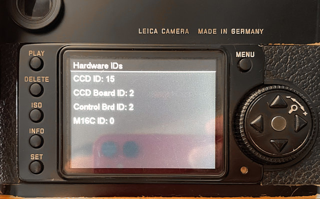 Sensor generation on Leica M9: Push the Delete button, push the UP x 2 (on the Central Setting dial for navigation), push the DOWN x 4, push the LEFT x 3, push the RIGHT x 2; then push Info button. Then pick Hardware ID and press info. Then you see this screen.