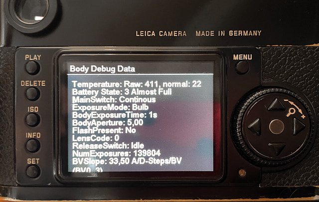 Shutter count on Leica M9: Push the Delete button, push the UP x 2 (on the Central Setting dial for navigation), push the DOWN x 4, push the LEFT x 3, push the RIGHT x 2; then push Info button. Then pick Body Debug Data on second line and press info. Then you see this screen, and scroll down a few lines and you see the NumExposures, which is the shutter count.