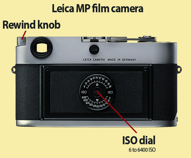 The Leica MP film camera (2002) has the rewind knob top left, and the ISO dial on the back of the camera. 