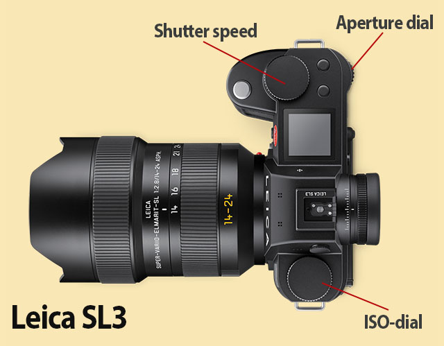 Leica SL3 now have all controls on the outside as well: ISO, aperture and shutter speed. Each dial can be reprogrammed to any other function, but the default layout is this one. 