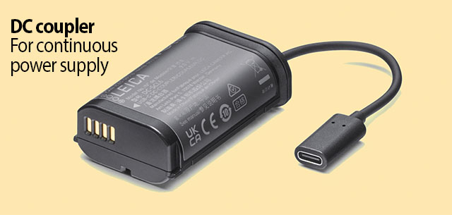 A battery wth USB-C cable so you can have continuous power for video or other things. The battery can be inserted diretcly into the Leica SL3, or into the handgrip. 