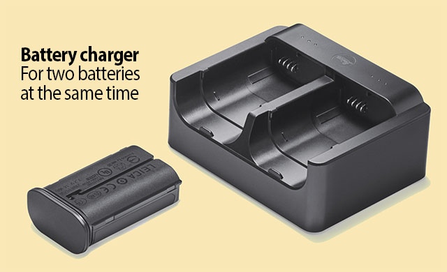 Double the battery power in the same time. This Leica SL3-S accessory is so you can charge two batteries at the same time, and it works of course for any Leica Q or Leiaa SL model that uses this type of battery. 