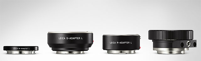 Adapters for the Leica TL2: from left for Leica M lenses, Leica S lenses, Leica R lenses and Leica Cine Lenses.
