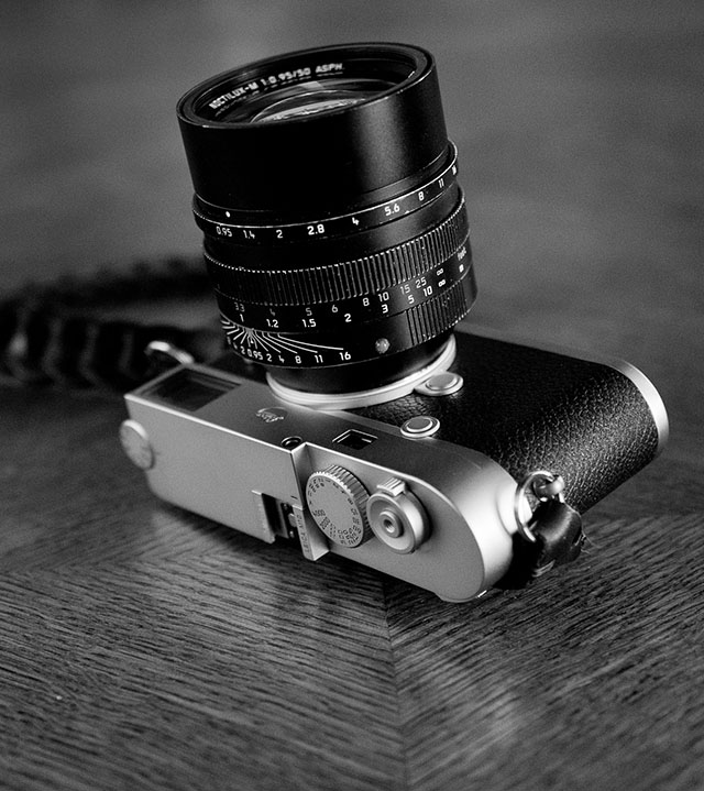 What I use most of the time: My Leica M10 in silver, with the Leica 50mm Noctilux-M ASPH f/0.95 FLE  