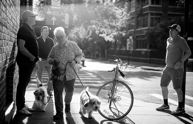 A New York moment, talking about a French bicycle, walkig dogs and whatever else is happening on a NYC street corner.Leica M10-R with Leica 50mm APO-Summicron-M f/2.0 LHSA. © Thorsten Overgaard.