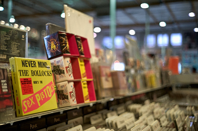 There was something there, but it's not an essential or great photo. So I edit it to look all right for the archive, then move on. Maybe it will be off use one day, maybe not. Sex Pistols cover in the Amoeba record store, Sunset Blvd in Los Angeles. 