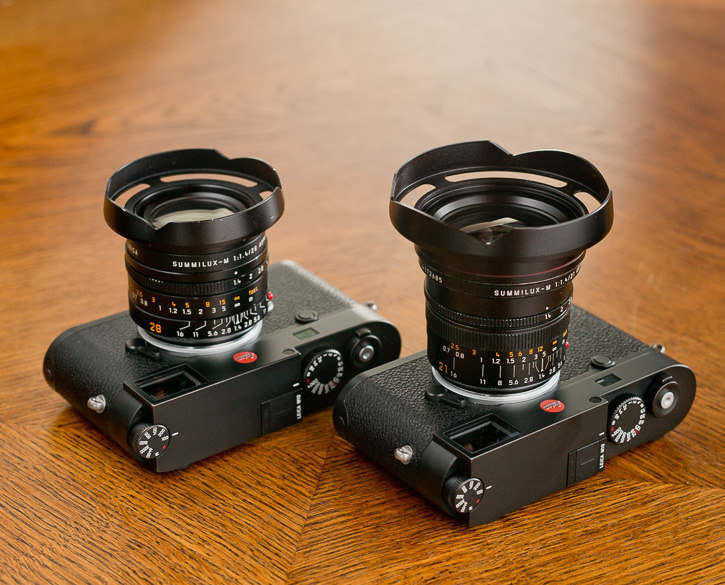 2814OUS ventilated shade on the Leica 28mm Summilux ASPH f/1.4 (left) and the 2114OUS ventilated shade on the Leica 21mm Summilux-M ASPH f/1.4.