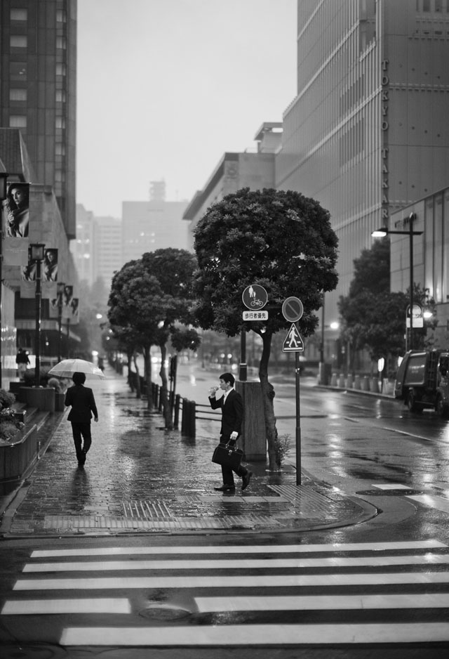 Weoke up very early the first days. That's how I got to take this photo in Ginza early morning 7AM in the rain. © 2015 Thorsten Overgaard. 
