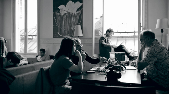 Editing in the apartment above the roofs of Paris, May 2016.