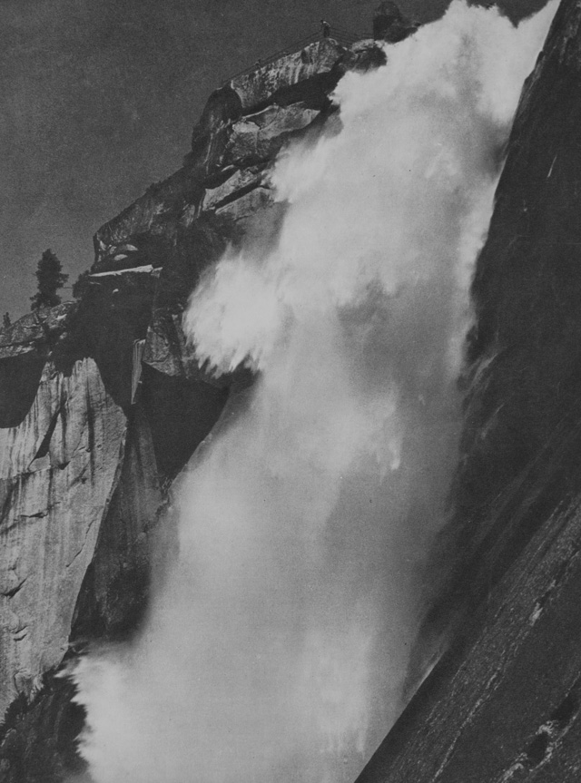Ansel Adams: Nevada Fall, Yousemite Valle, California. "A superb study of water, considered by the photographer his best landscape photograph." Goerz Dragor 12-in. lens, with K1 filter, 1/75 second; f/16, Eastman super-sensitive panchromatic film. 