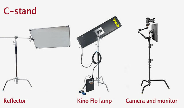C-stand = Short for Century stand, a 20" or 40" tall stand (usually with three fold-out legs that by themselves are known as 'turtle base') used in the movie industry and still photography studios to hold refletors and silk screens, but also lamps. The C-stand typically includes a gobo arm and gobo head that can hold a light modifier in front of a lamp (the lamp is mounted on the C-stand, and the gobo arm/grip arm reahes out in front of the lamp and holds a silk screen. Gobo is a Japanese word for a screen in front of a light to modify, shade or shape the light). Today, the C-stand and it's gobo arm/grip arm can be a great tool for holding iPhones, cameras, microphones and similar via a "Magic Arm", iPhone holder or similar devices when doing stills and video.