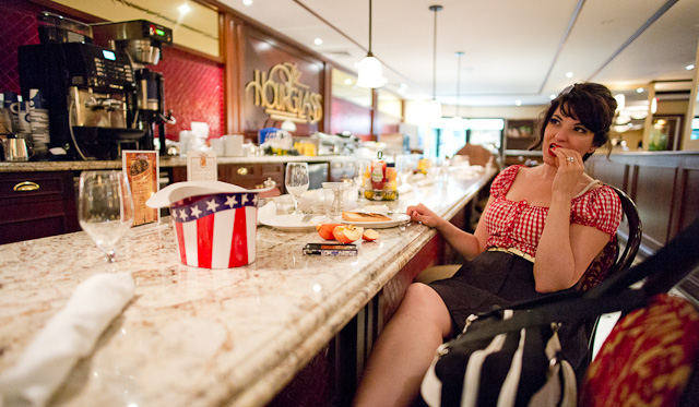 Singer Cali Rivlin hanging out in the hotel's diner. The only place that serve food all day from early morning till after midnight. 