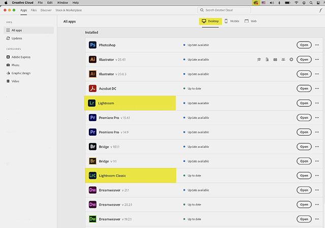 you'll see a list of the Adobe software that is in your subscription: