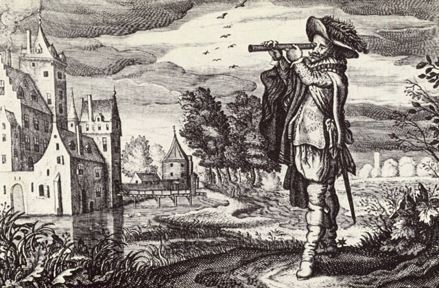 They build optics to get closer to the stars and they build optics for microscopes to enlarge the insect and flowers in the nature, not to mention the cells of the human body. Here a gentleman is playing with a "Dutch Telescope" in 1624. 