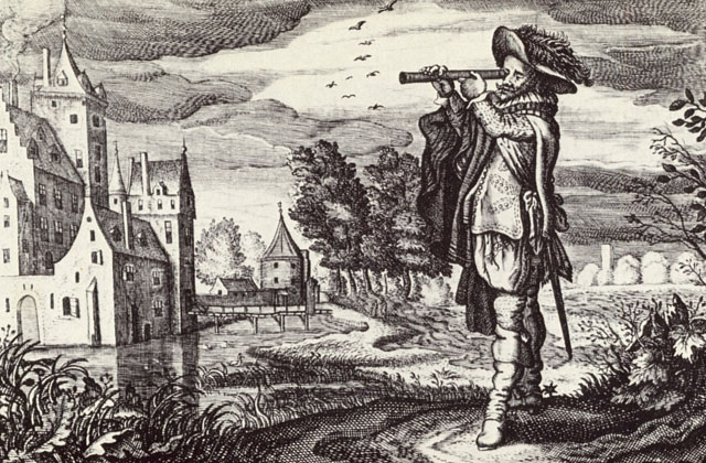 They build optics to get closer to the stars and they build optics for microscopes to enlarge the insect and flowers in the nature, not to mention the cells of the human body. Here a gentleman is playing with a "Dutch Telescope" in 1624.
