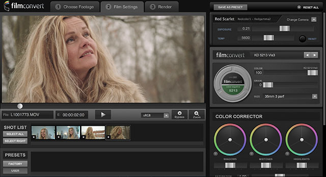 Film Convert software tool for grading of video 