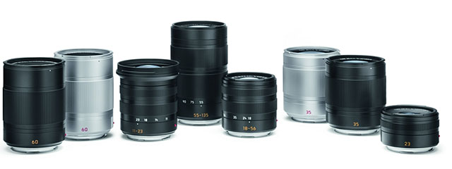 In the picture you see the Leica 60mm APO-Macro-Elmarit-TL ASPH f/2.8 ($3,395) in black (11086) and silver (11087), the three zoom lenses; Leica 11-23mmSuper-Vario-Elmar-T ASPH f/3.5-4.5 ($1,795, Item 11082), Leica 55-135mm APO-Vario-Elmar-TL ASPH f/3.5-4.5 ($1,895, Item 11083), Leica 18-56mm Vario-Elmar-TL ASPH f/3.5-5.6 ($1,650, Item 11080), the 35mm Summiluc-TL ASPH f/1.4 in silver (Item 11085) and black (Item 11084), and the 23mm Summicron-TL f/2.0 ($1,499, Item 11081). There is also a very compact Leica 18mm Elmarit-TL ASPH f/2.8 (Item 11088), not shown in this picture.