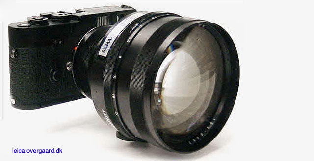 The Leitz ELCAN-M 90mm Noctilux-M f/1.0 model C164 on a Leica KE-7 film camera made for the U.S. Navy. 