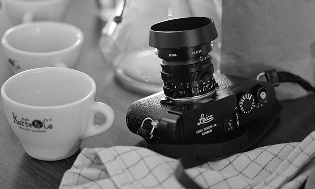 Nice camera and nice coffee (at Kaffe & Co in Aarhus, Denmark). The new Leiac M9-P with the non-aspherical 50mm Summilux-M f/1.4. This one belongs to a Danish woman with three kids who just couldn't resist it. © Thorsten Overgaard.
