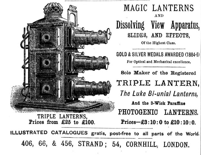 Magic Lantern - Later known as a slide projector. Leica came out with their first projectors in the 1930's (see a list of projectors and acessories here). It's a device with a strong lamp behind a transparent picture (slide) that is projected to a wall or screen via a lens. Today we use LCD projectors which is simply a digital image on a small screen inside the projector house that is projected to a wall or screen by a lens. Early models of LCD projectors had three lenses so as to projet each channel of red, green and blue onto the wall or screen.