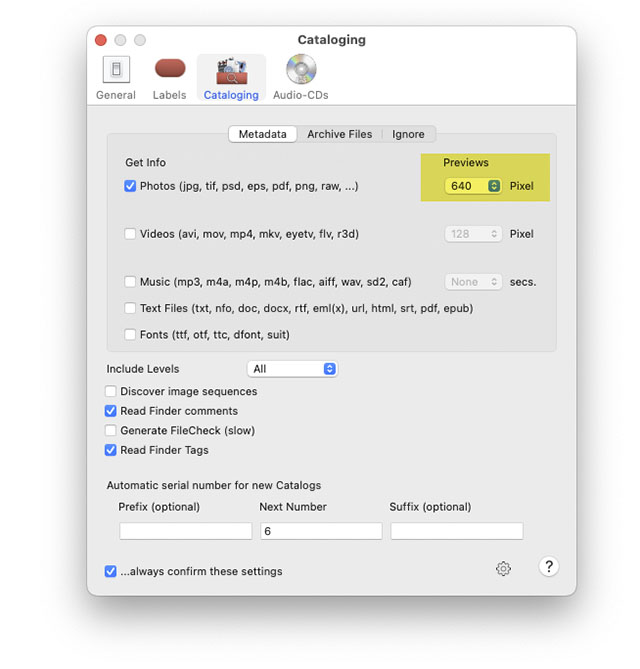 Preview settings for NeoFinder should be 640 pixels